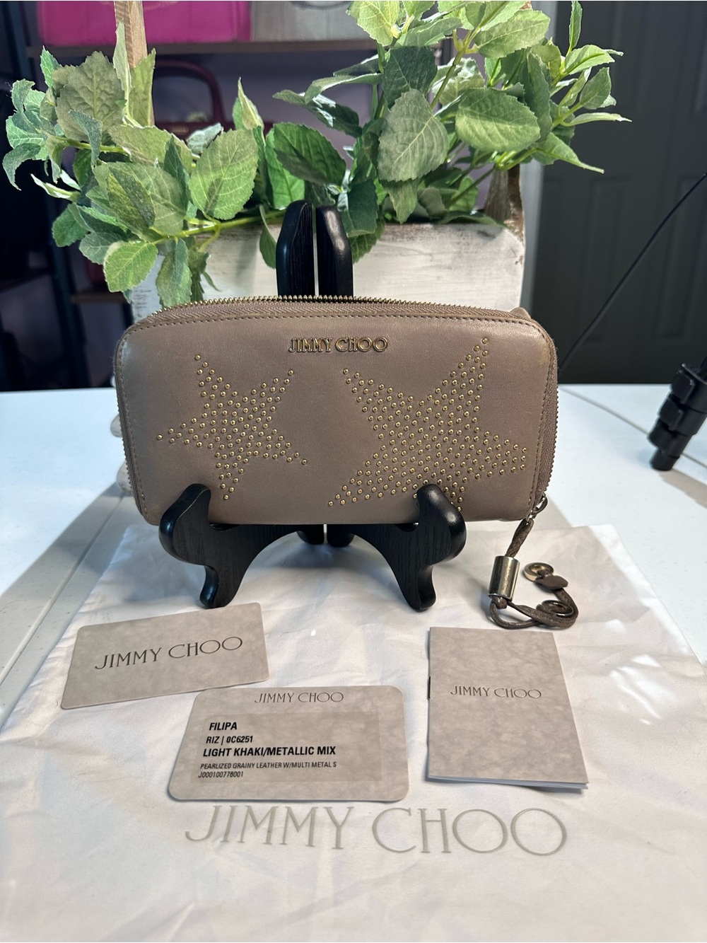 Jimmy Choo Light Khaki Filipa Zip Wallet with Gold Stud Stars